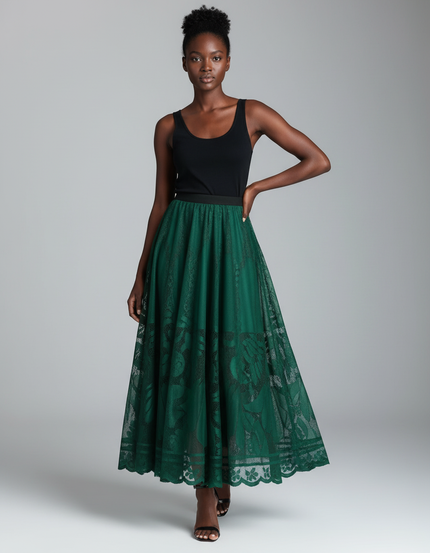Jupe Midi Verte Dentelle Élégante