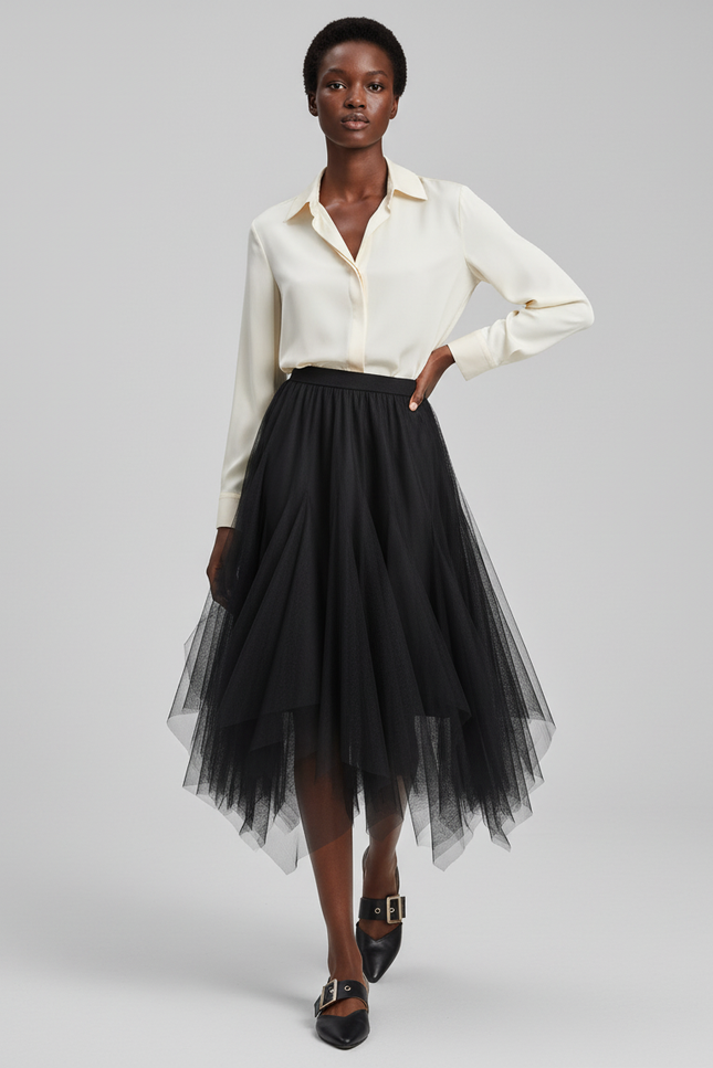 Jupe Midi Tulle Asymétrique Noire Élégante