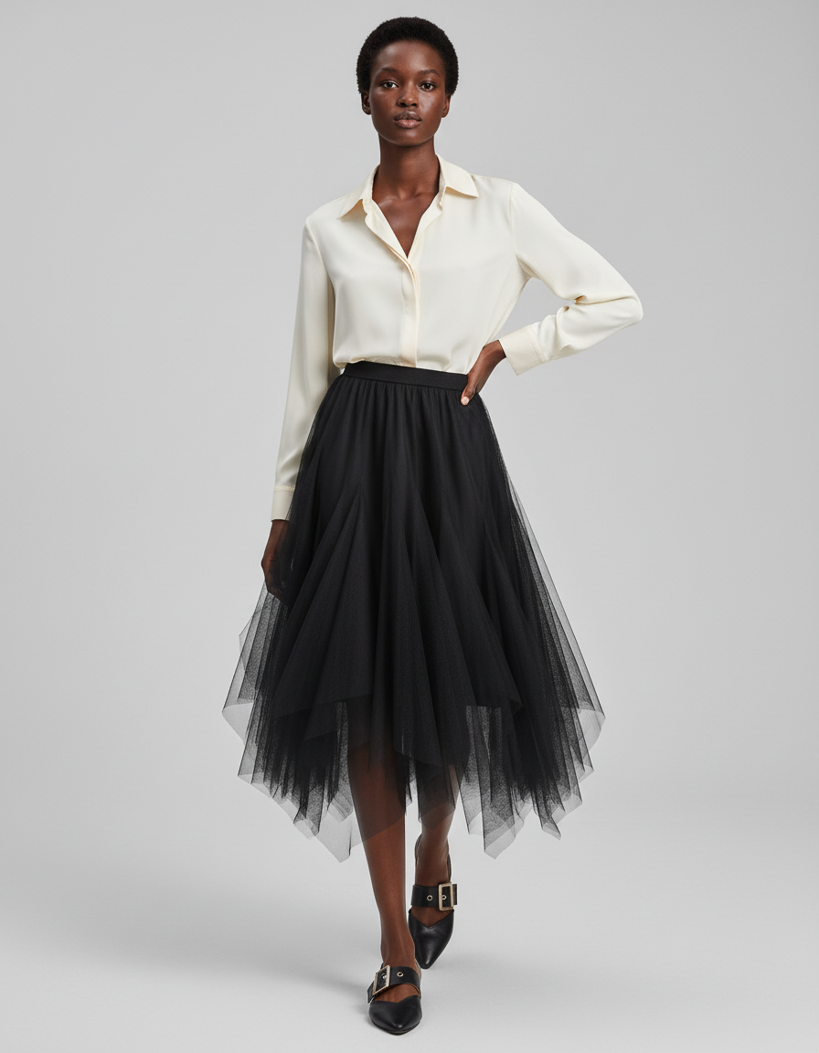 Jupe Midi Tulle Asymétrique Noire Élégante