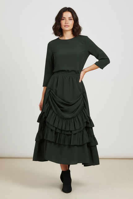 Jupe Midi Verte Volants Élégante