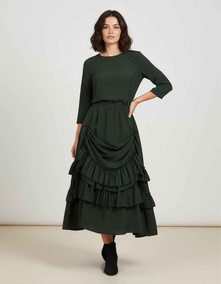 Jupe Midi Verte Volants Élégante