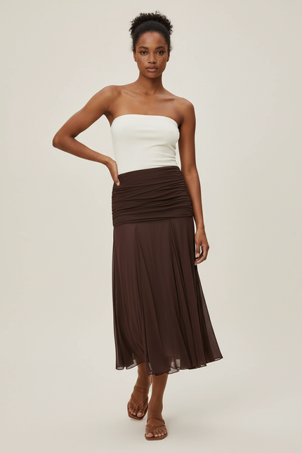 Jupe Midi Plissée Fluide Marron