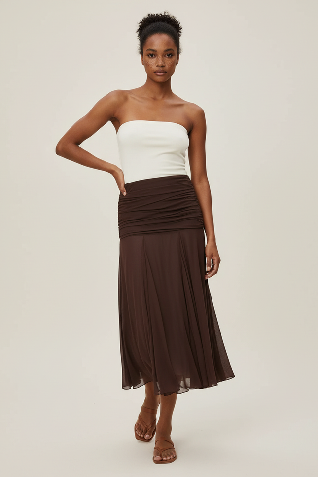 Jupe Midi Plissée Fluide Marron