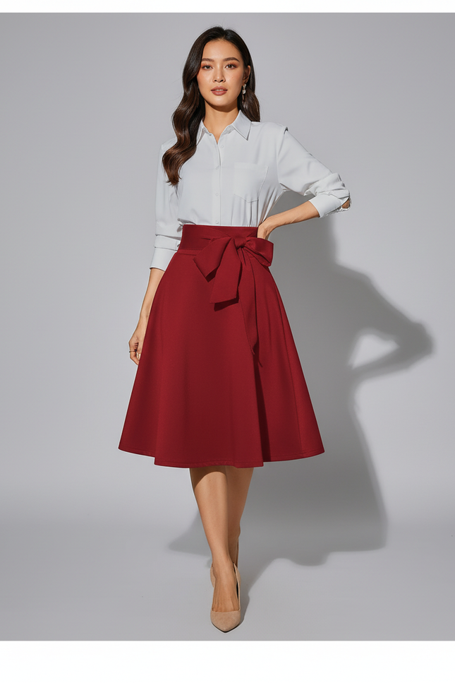 Jupe Midi Rouge Taille Nœud Chic