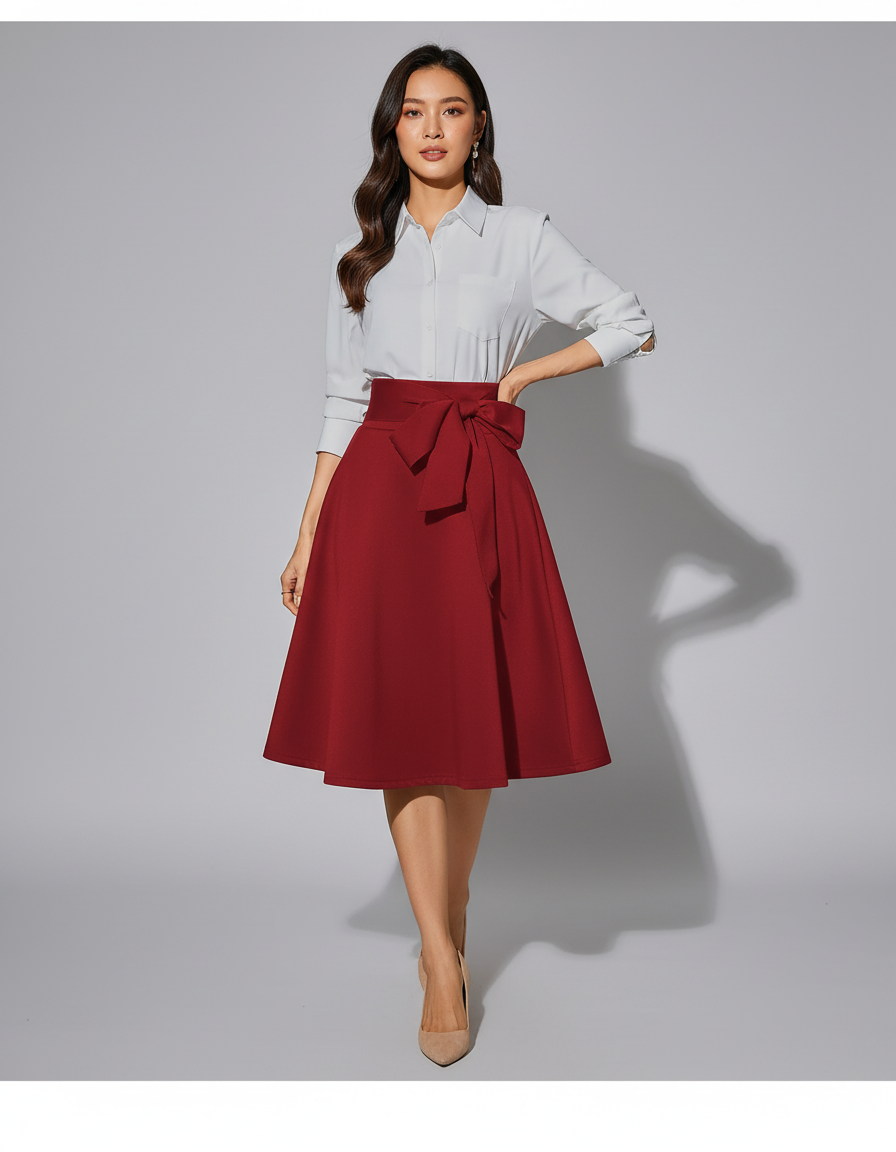 Jupe Midi Rouge Taille Nœud Chic