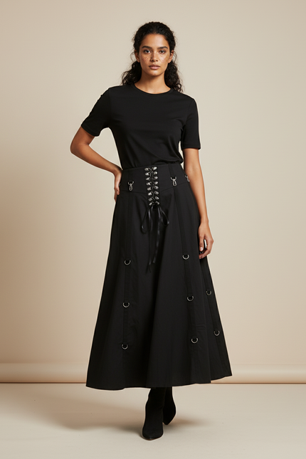 Jupe Midi Noire Style Corset Décontractée