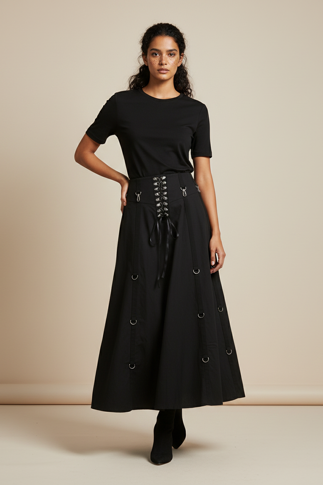 Jupe Midi Noire Style Corset Décontractée