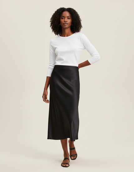 Jupe Midi Noire Satin Élégante