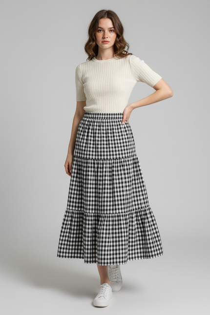 Jupe Midi Vichy Étagée Fluide