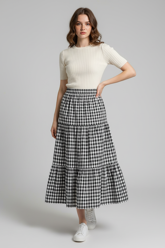 Jupe Midi Vichy Étagée Fluide