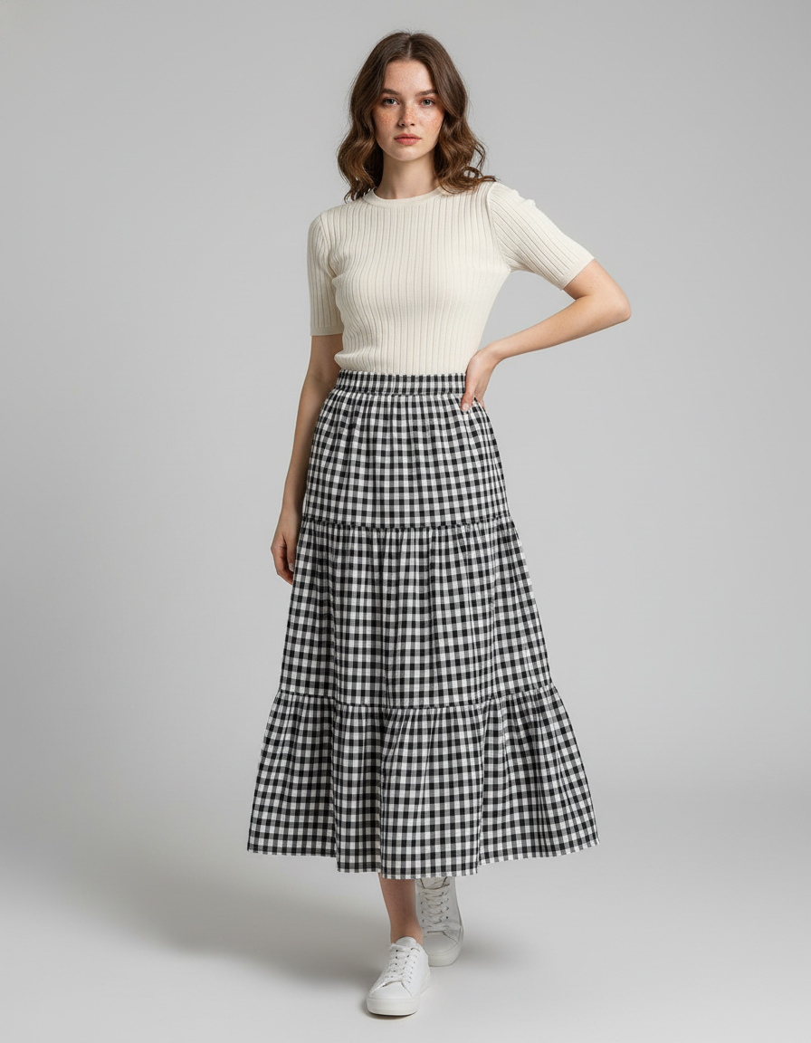 Jupe Midi Vichy Étagée Fluide