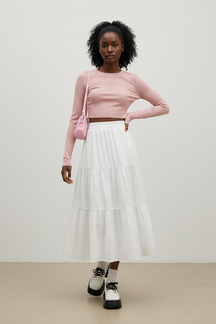 Jupe Midi Blanche À Volants Fluide