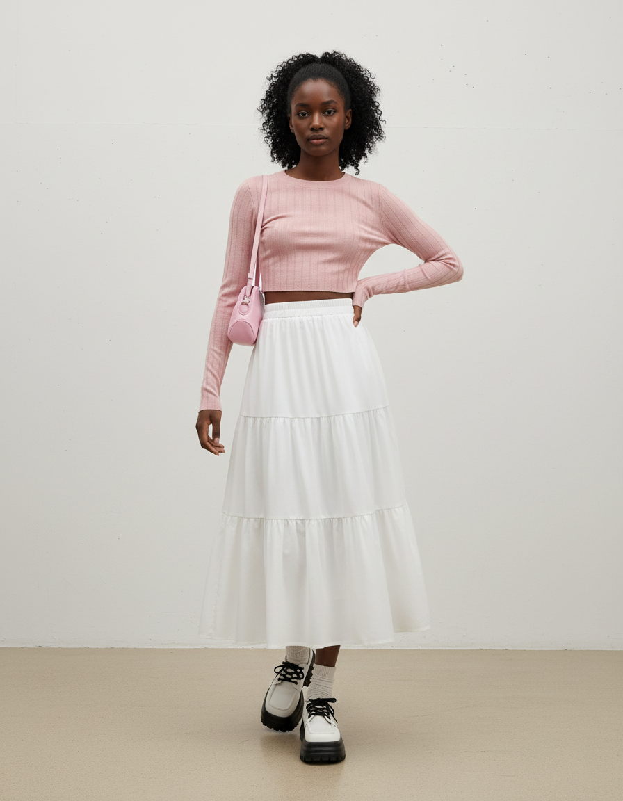 Jupe Midi Blanche À Volants Fluide