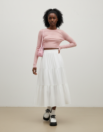Jupe Midi Blanche À Volants Fluide