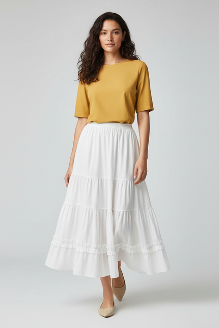 Jupe Midi Blanche À Volants Chic