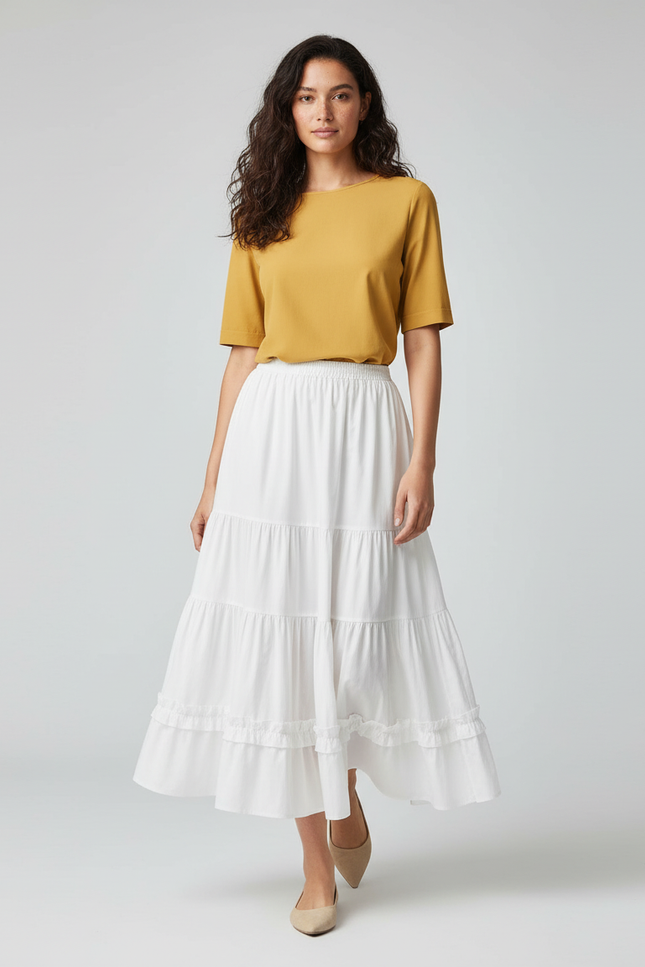 Jupe Midi Blanche À Volants Chic