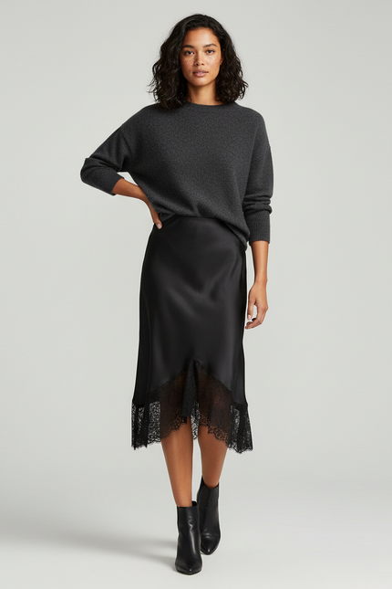 Jupe Midi Satinée Dentelle Élégante précieuse