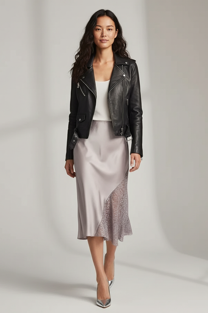 Jupe Midi Satin Dentelle Asymétrique Fluide