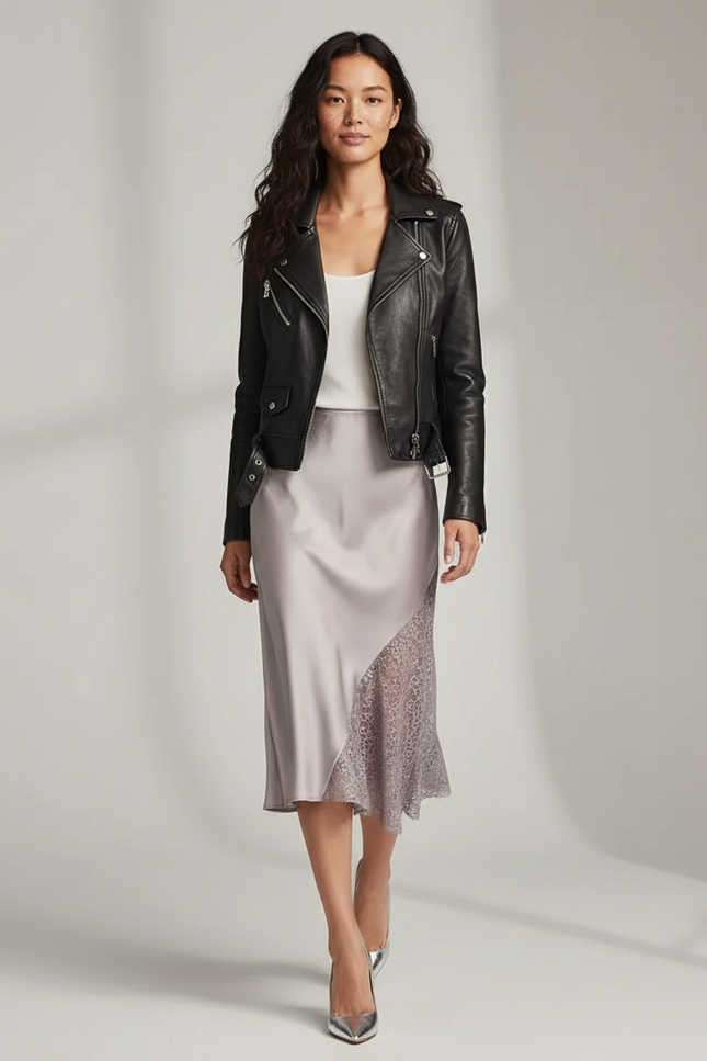 Jupe Midi Satin Dentelle Asymétrique Fluide