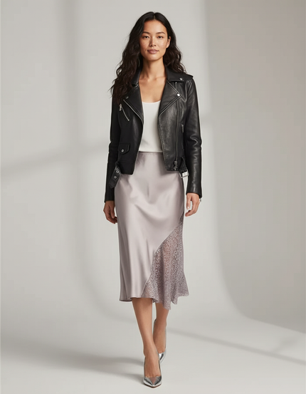 Jupe Midi Satin Dentelle Asymétrique Fluide