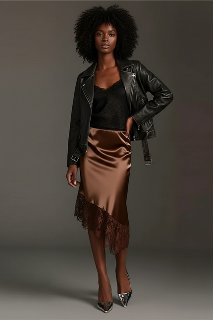 Jupe Midi Satin Dentelle Élégante délicate