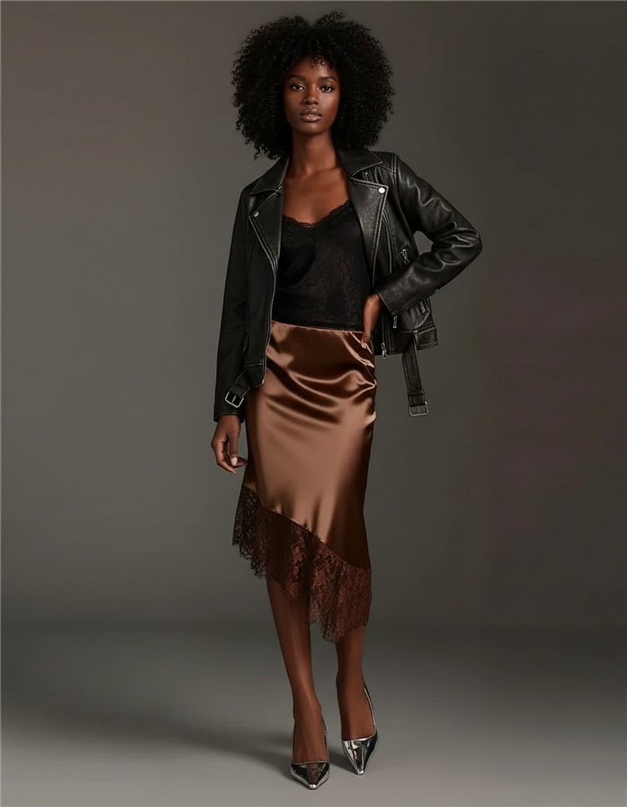 Jupe Midi Satin Dentelle Élégante délicate