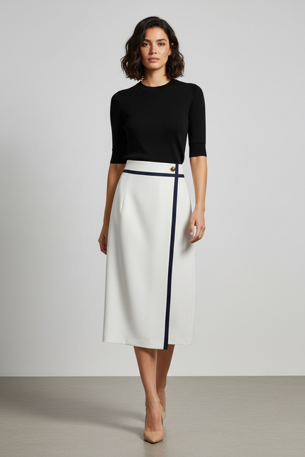 Jupe Midi Blanche Bordure Marine Élégante