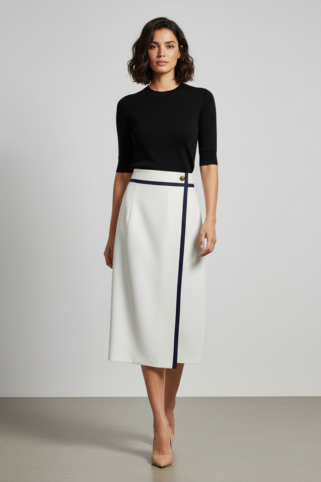 Jupe Midi Blanche Bordure Marine Élégante