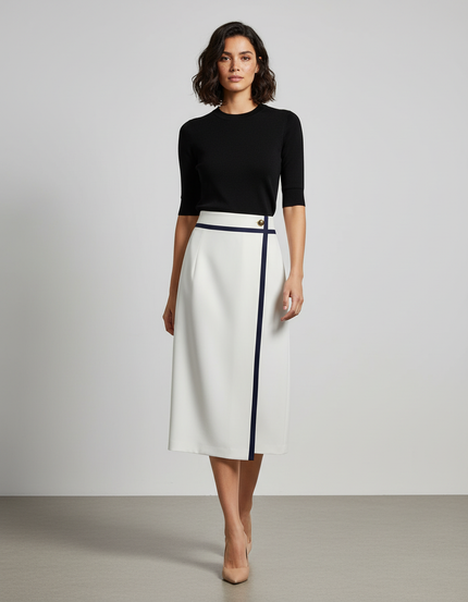 Jupe Midi Blanche Bordure Marine Élégante