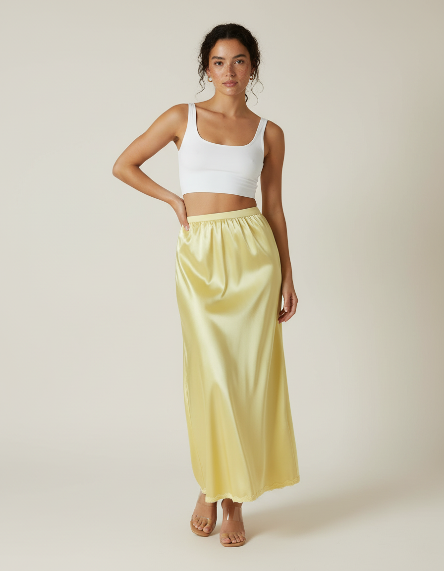 Jupe Midi Jaune Satinée Fluide