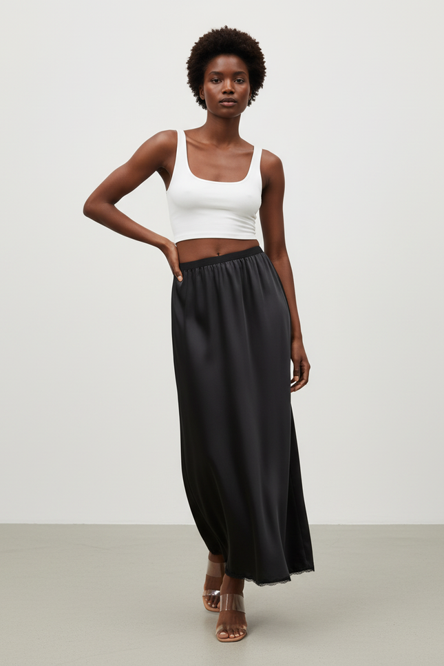 Jupe Midi Noire Satin Fluide