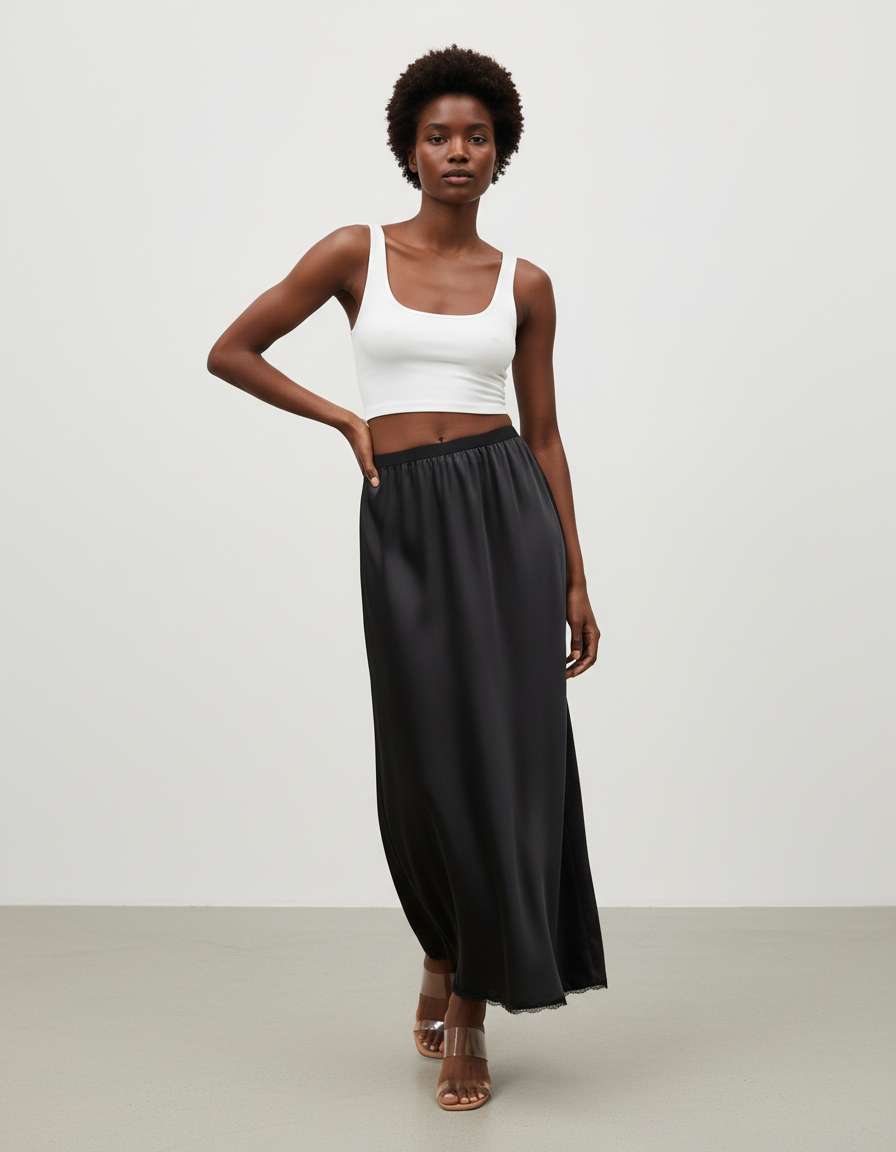 Jupe Midi Noire Satin Fluide