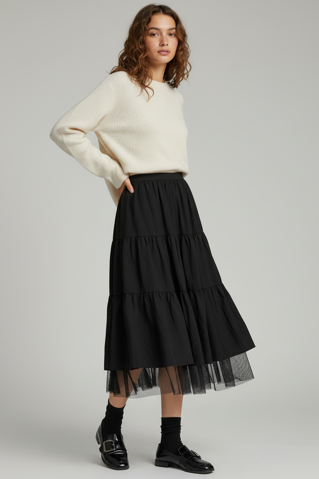 Jupe Midi Noire Tulle Fluide