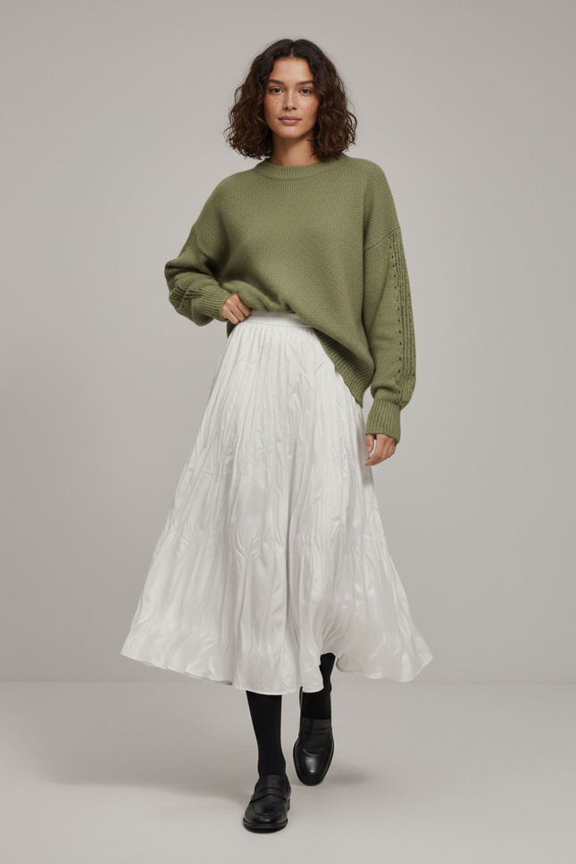 Jupe Midi Blanche Plissée Fluide