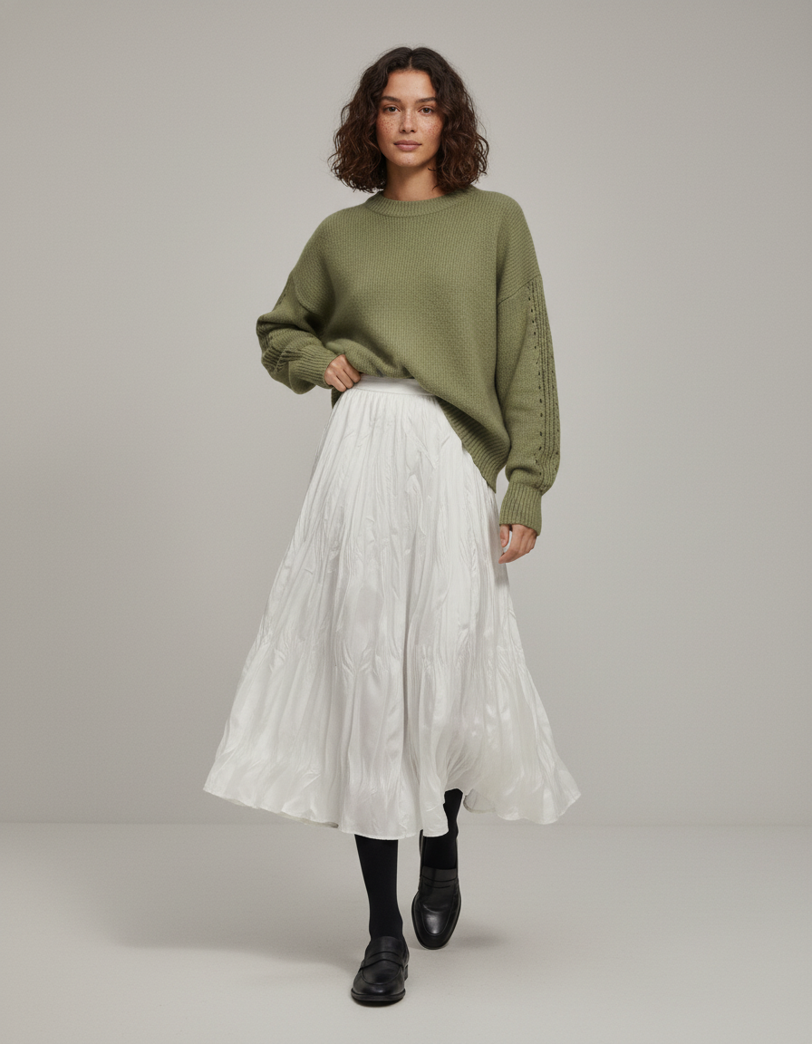 Jupe Midi Blanche Plissée Fluide