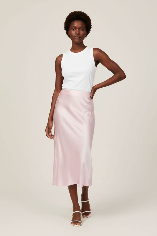 Jupe Midi Rose Satin Élégante