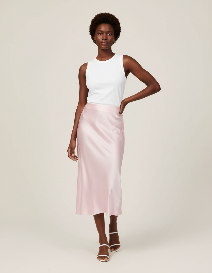 Jupe Midi Rose Satin Élégante