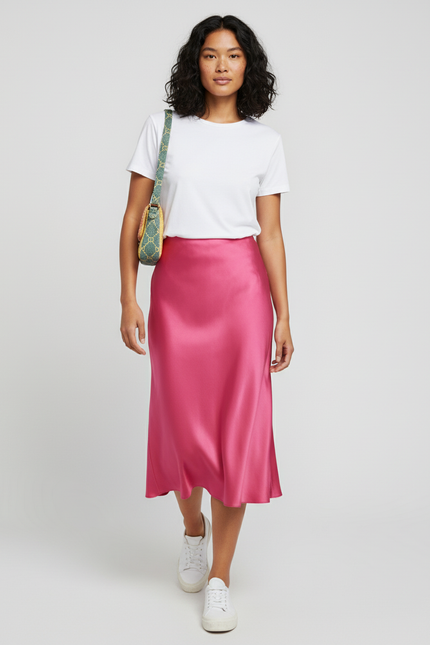 Jupe Midi Rose Satin Fluide légère