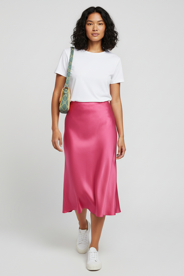 Jupe Midi Rose Satin Fluide légère