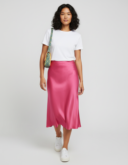 Jupe Midi Rose Satin Fluide légère