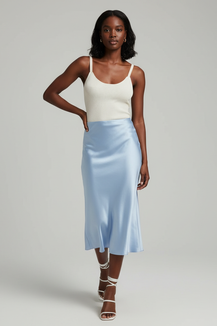 Jupe Midi Satin Bleu Ciel Élégante