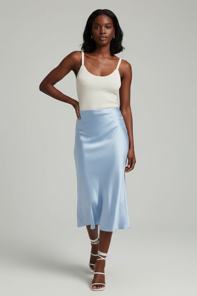 Jupe Midi Satin Bleu Ciel Élégante
