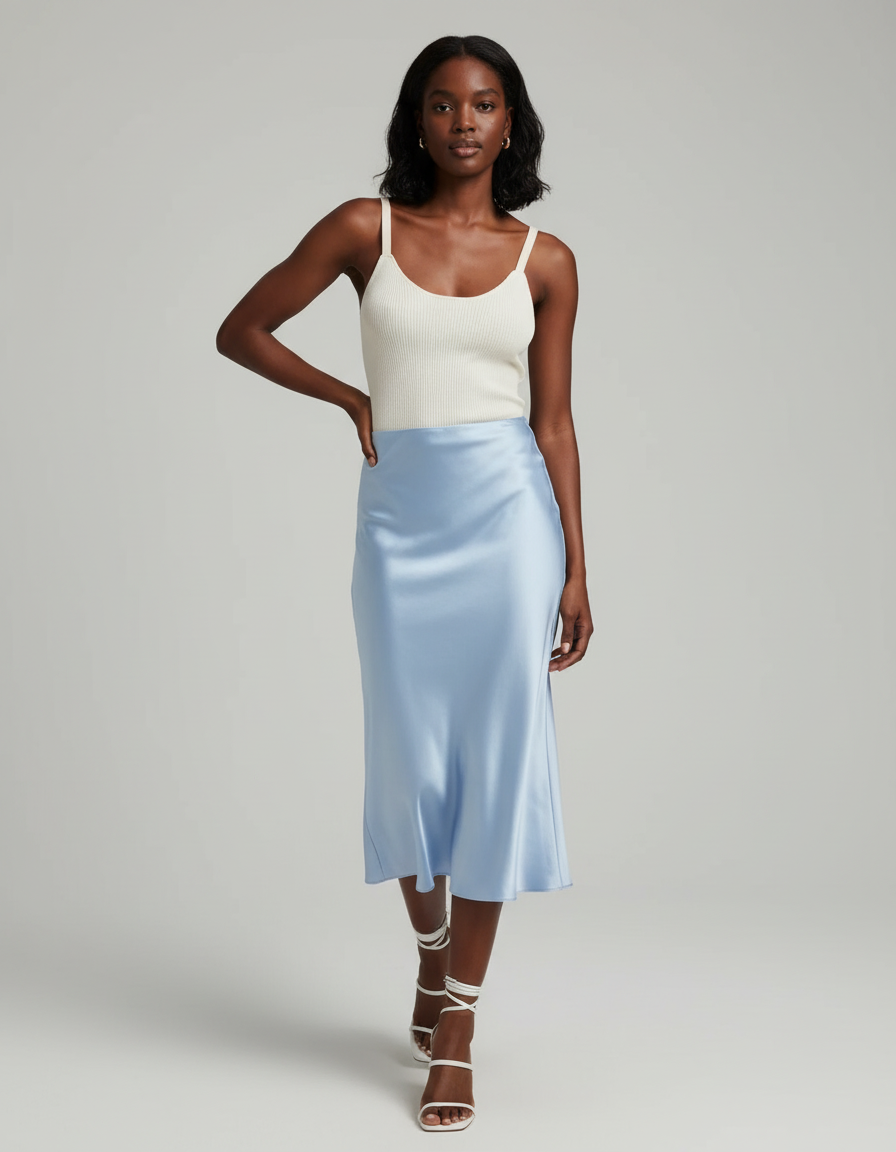 Jupe Midi Satin Bleu Ciel Élégante