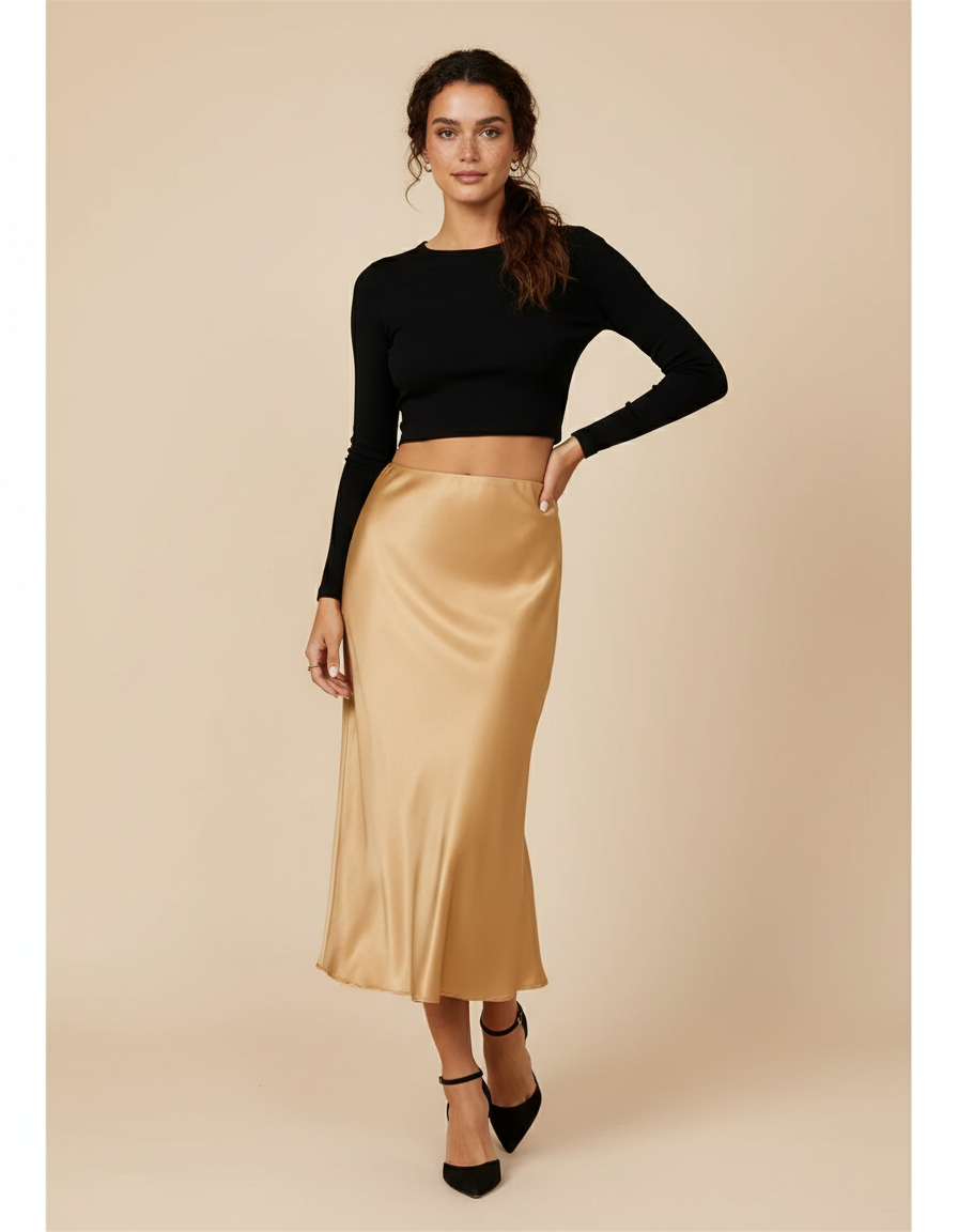 Jupe Midi Dorée Satinée Chic