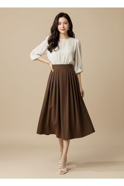 Jupe Midi Taille Haute Plissée Élégante