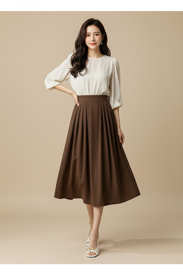 Jupe Midi Taille Haute Plissée Élégante