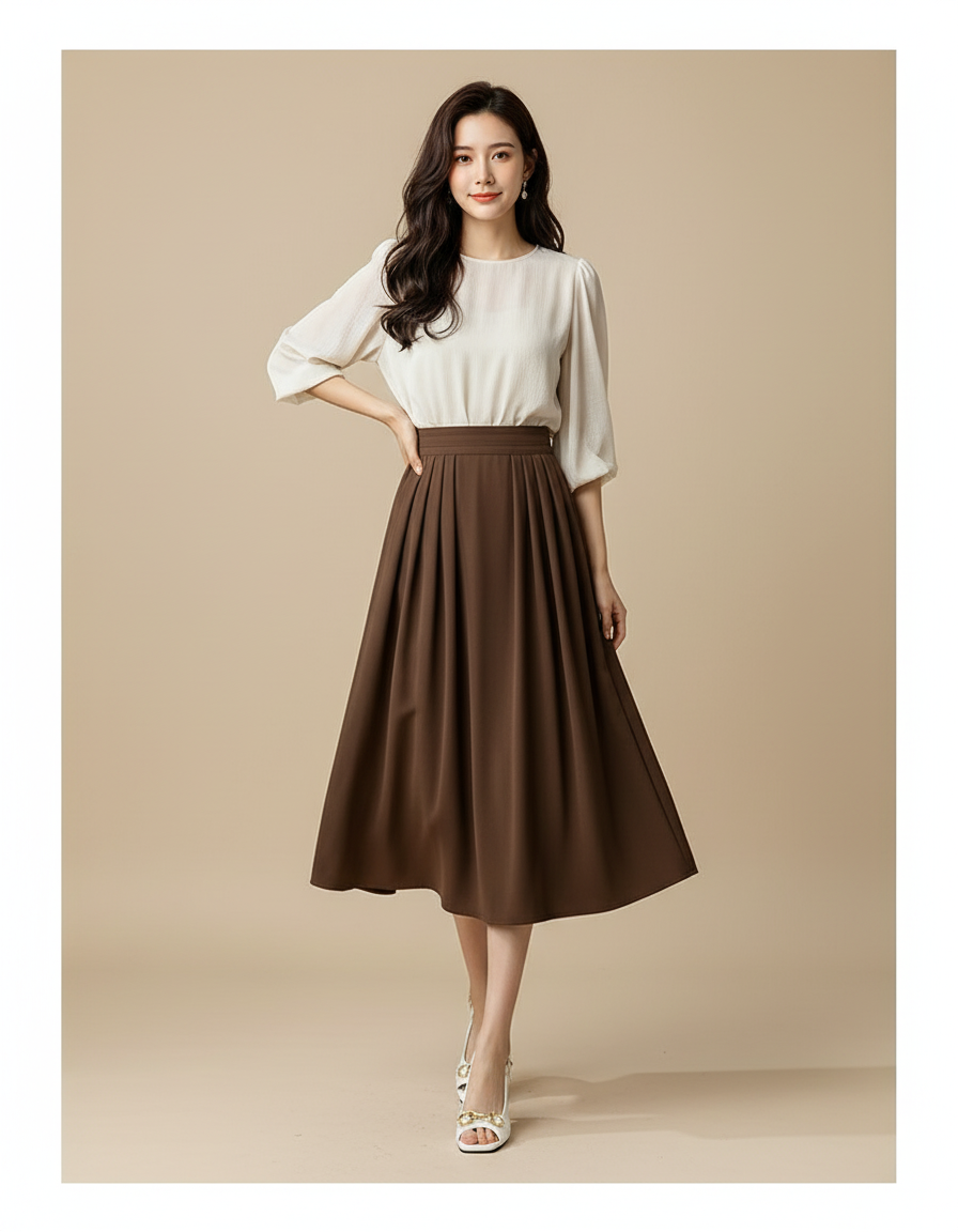 Jupe Midi Taille Haute Plissée Élégante