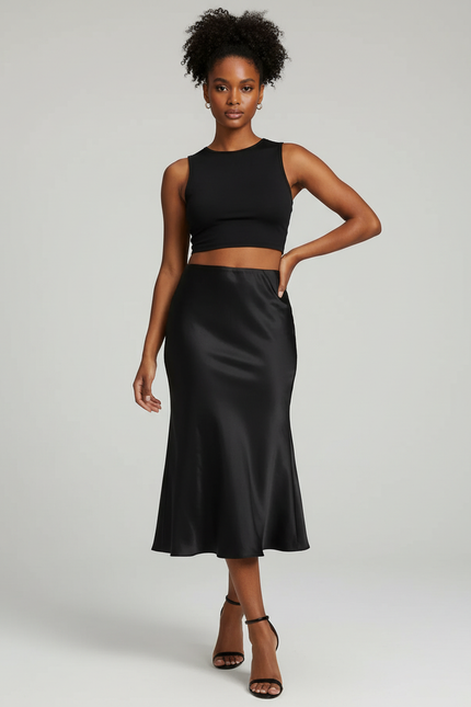 Jupe Midi Noire Satinée Élégante glamour
