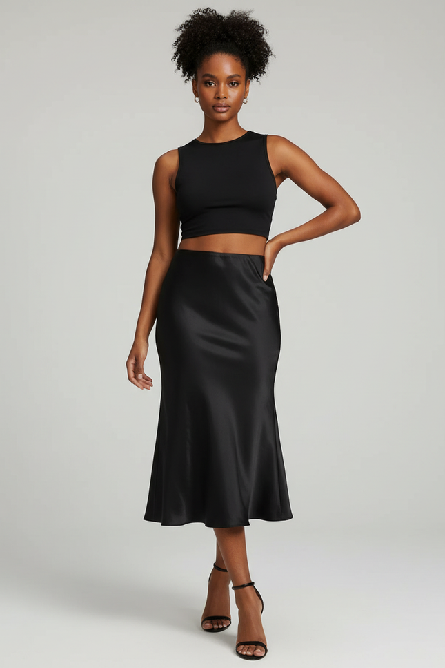Jupe Midi Noire Satinée Élégante glamour