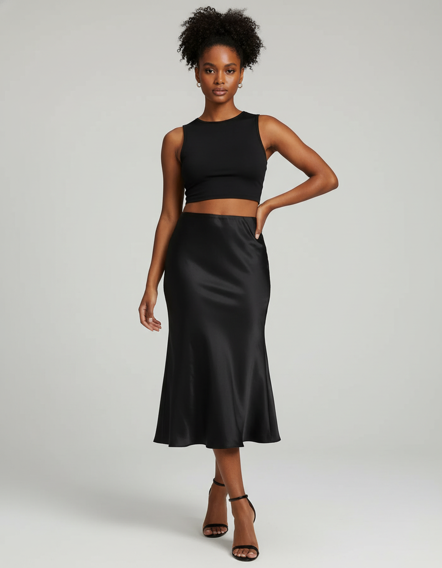 Jupe Midi Noire Satinée Élégante glamour